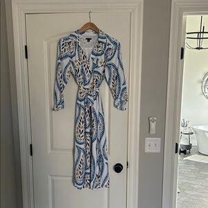 Ann Taylor Blue and Brown Leaf Print Dress